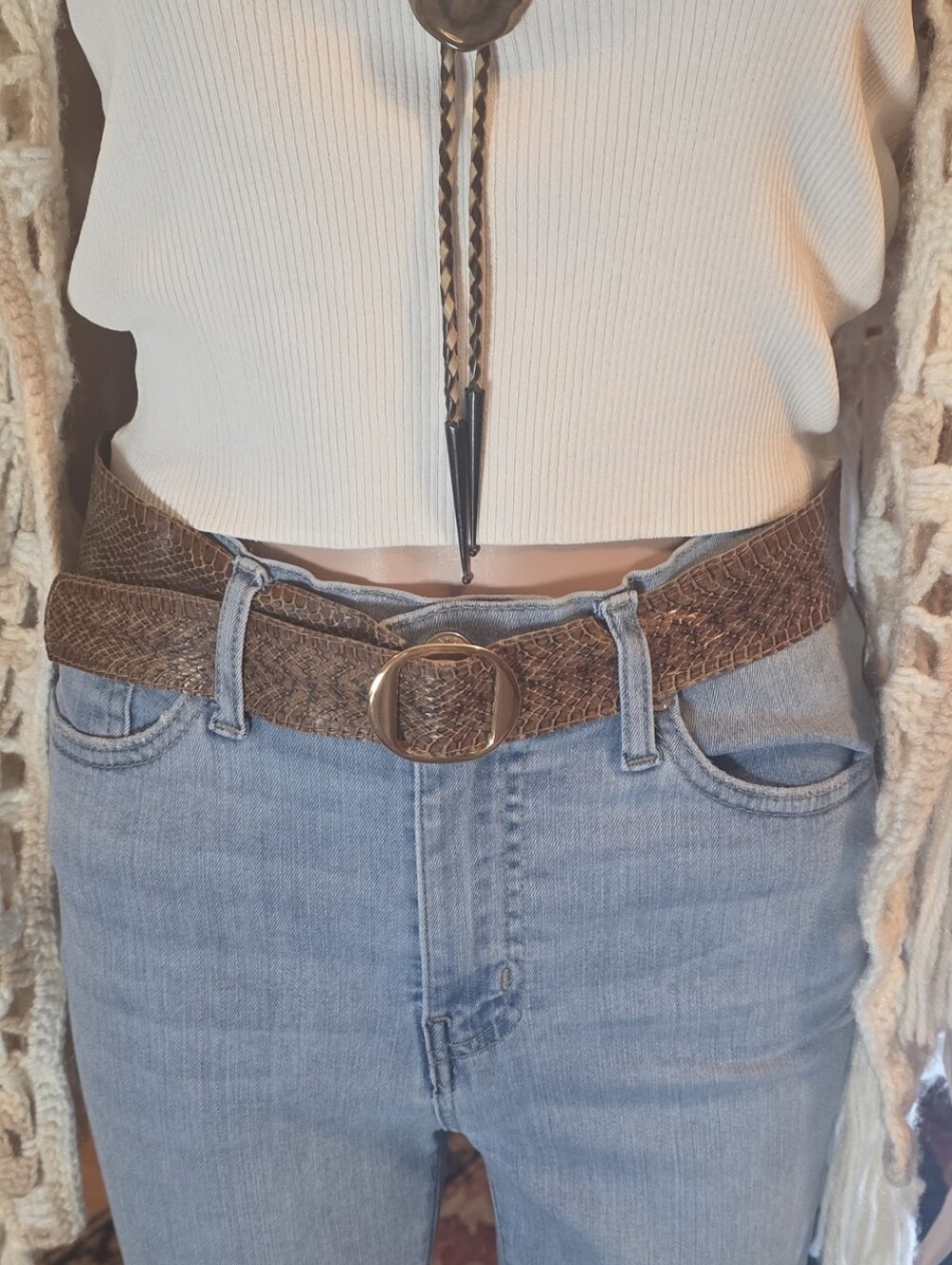 Vintage Unbranded Genuine Snakeskin Tapered Belt Gold Tone Buckle EUC